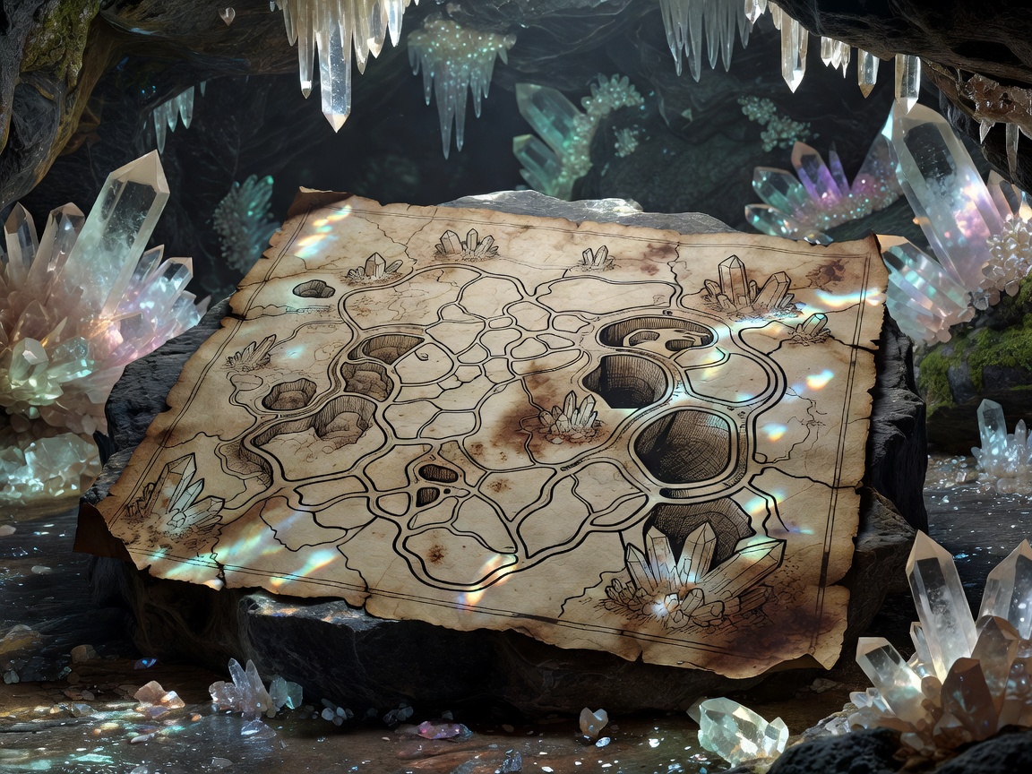 Ancient treasure map leading through crystal caverns