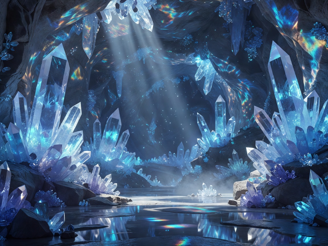 Crystal cave illuminated by magical blue light