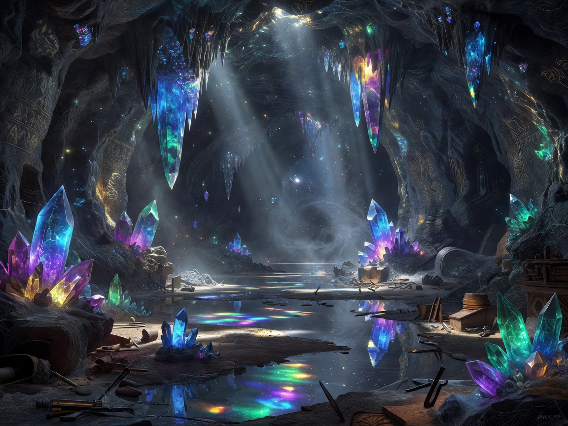 Mysterious forgotten cavern illuminated by magical crystals