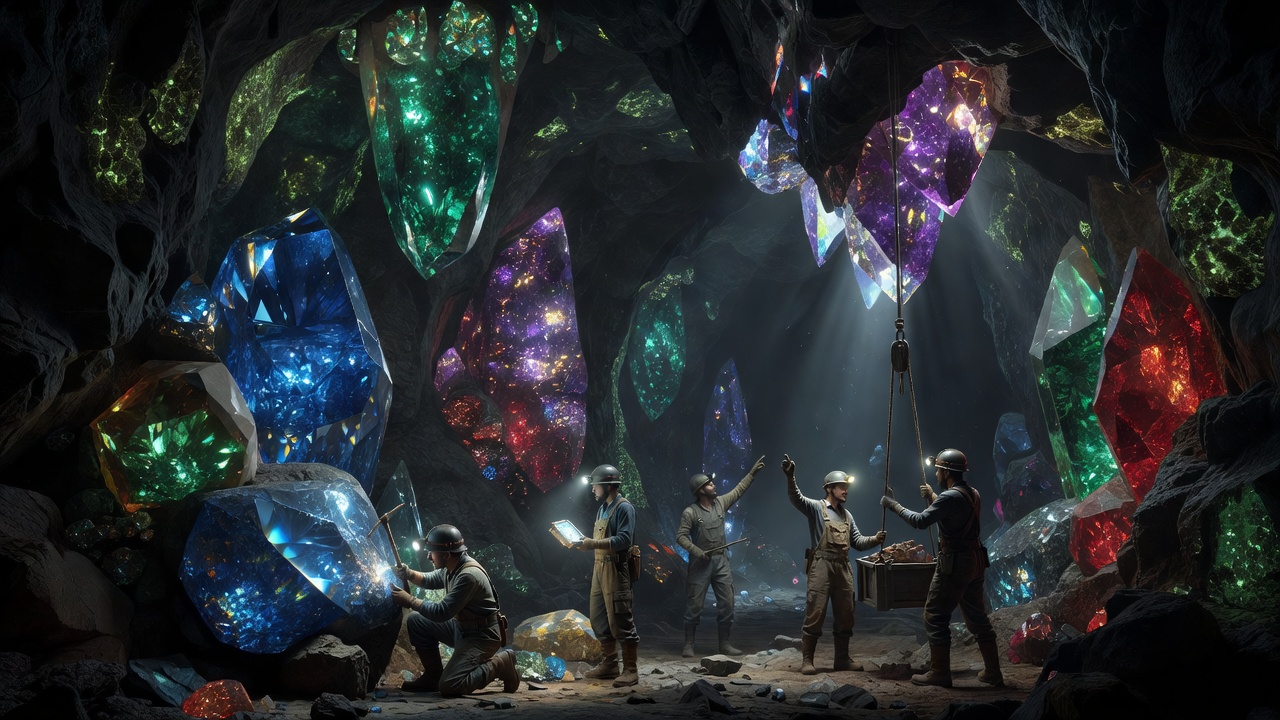 Sparkling magical gemstones deep underground