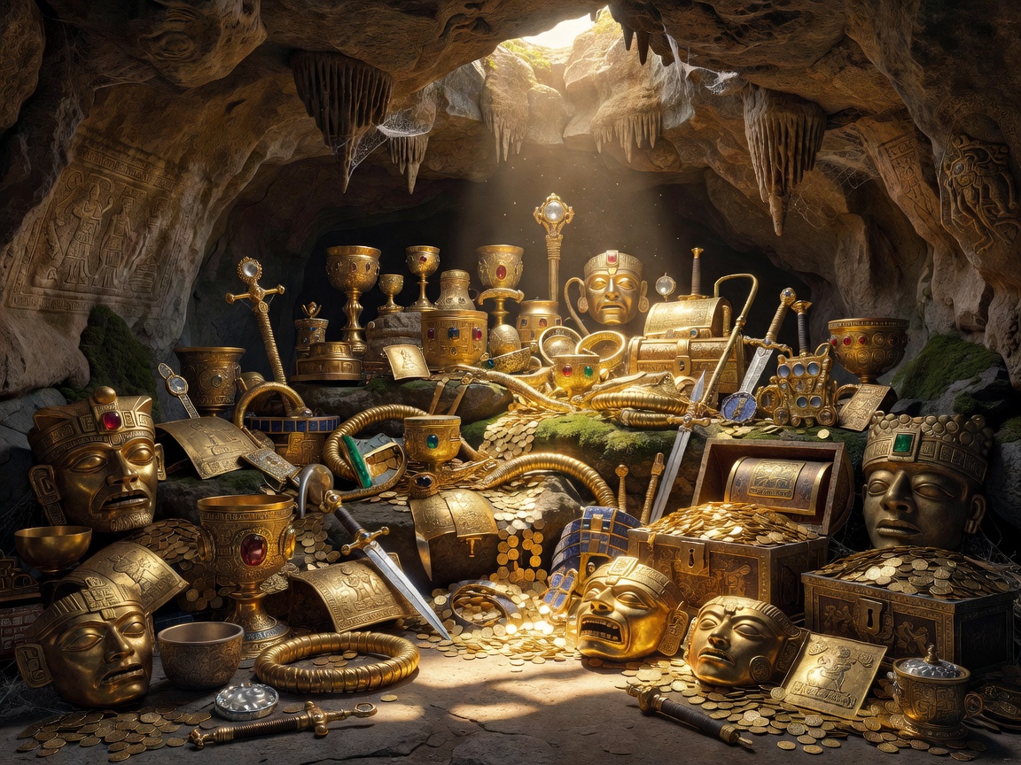 Ancient golden treasures resting in a forgotten cave