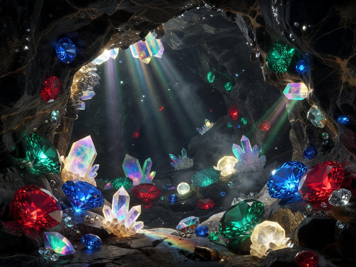 Rare legendary gemstones glowing deep underground