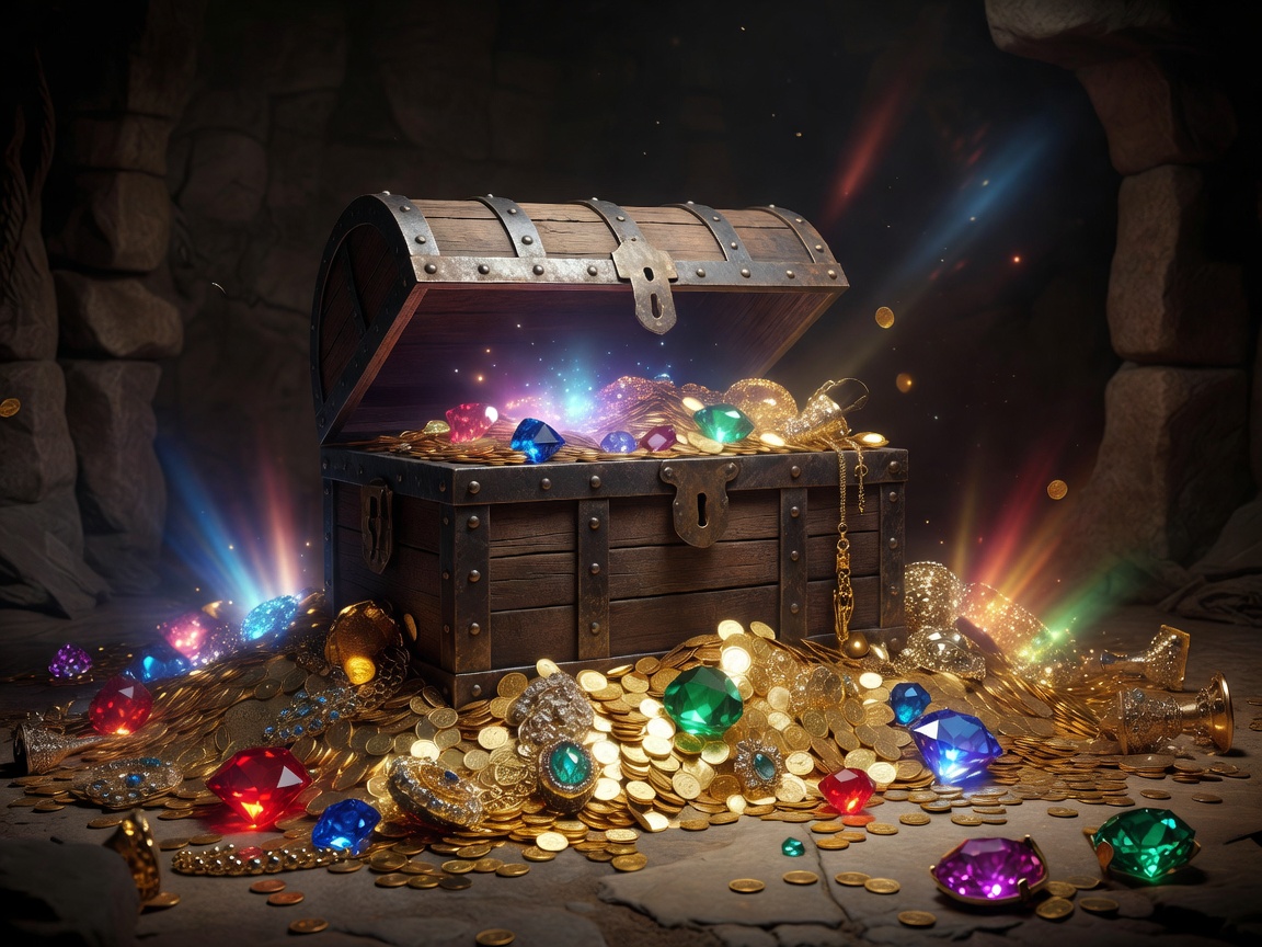 Large treasure chest surrounded by glowing gemstones and gold